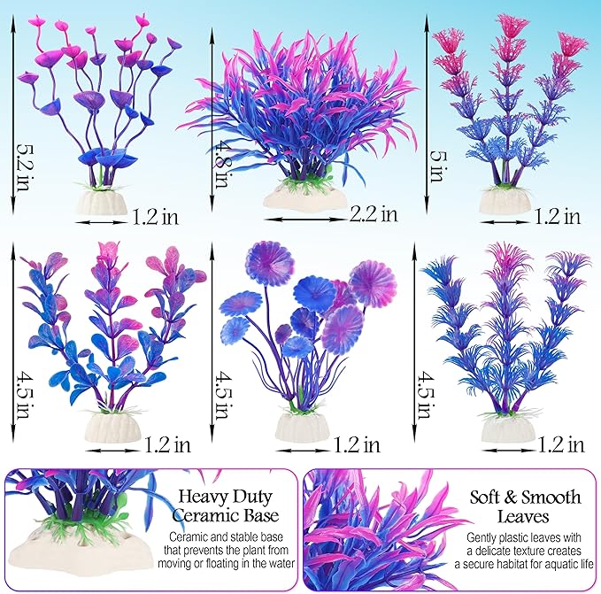 MyLifeUNIT Fish Tank Decorations, 7 Pieces Aquarium Plants Set with Coral Reef Decoration Mountain Cave Ornament for Betta, Goldfish, Shrimp to Breed, Play and Rest (Purple)