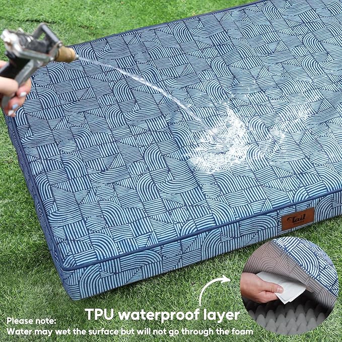 Outdoor Extra Large Dog Crate Bed, XXL Waterproof Dog Bed for Giant Breeds Dogs, 47x29 Inch Orthopedic Egg Crate Foam Pet Mat with Removable Cooling Cover, White Blue