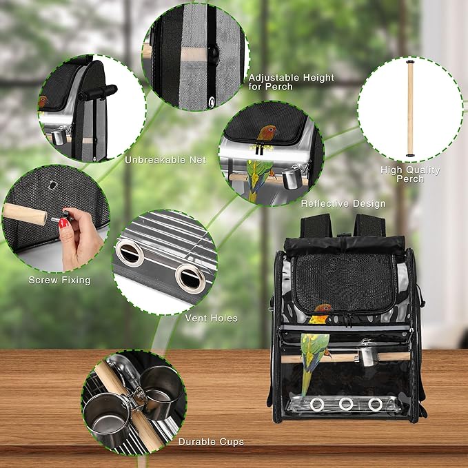 SUERTREE Bird Carrier Bag with Indestructible Stainless Steel Mesh, Bird Travel Cage with Stand, Easy to Clean Backpack for Parrot, Portable Bird Travel Bag, Black