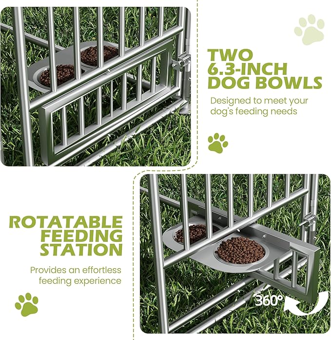 15FTx15FT Outdoor Dog Kennel with Roof, Outside Dog Run Fence with Rotated Dog Bowls, Large Dog House Pen Enclosure with Secure Lock&Textilene Door