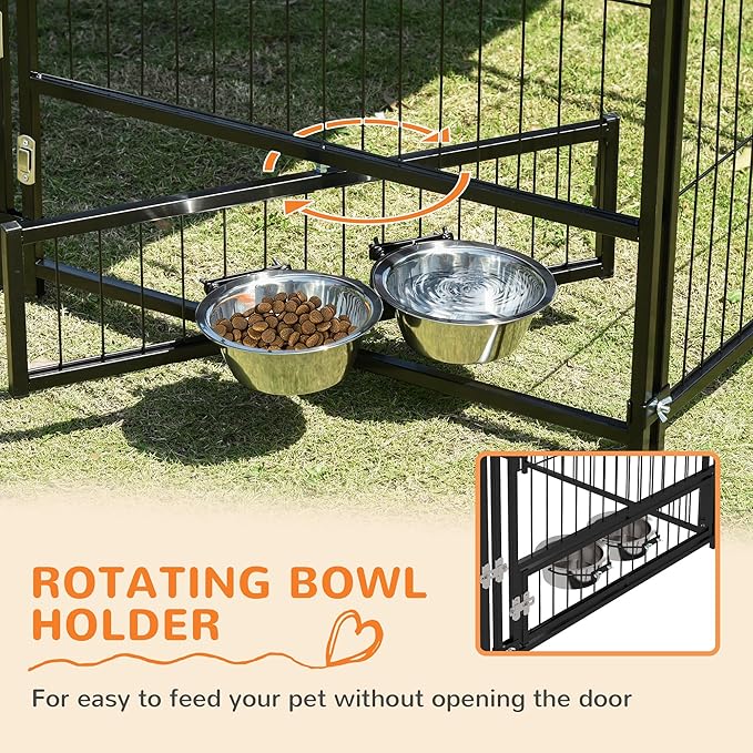 PawHut Outside Dog Kennel, 4.6' x 4.6' x 5' Puppy Play Pen with Canopy, Garden Playpen Fence Crate Enclosure Cage Rotating Bowl, for Dogs, Chickens, Ducks, Black