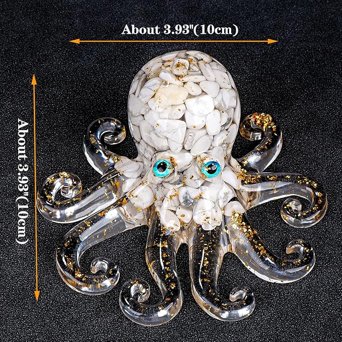 Natural Crystal Gravel Octopus Resin Marine Animals Fish Tank Decorative Ornaments Octopus Statue Healing Crystal Home Decor Ladies Gift 3.93" (White-Turquoise, 3.93")