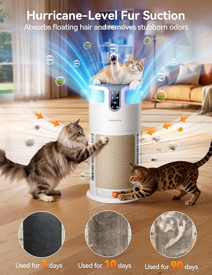 Meowant Air Purifier for Home, Pet Air Purifier 360°Air Intake & Air Outlet for Large Room, 4-in-1 H13 HEPA Filter Up to 3900 Ft² Air Cleaner for Pet Hair Dander Odors with Cat Scratch Board