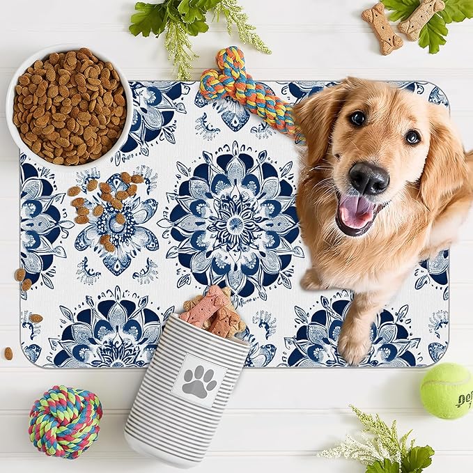 Mandala Flower Dog Food Mat for Floors,Blue Boho Floral Absorbent Quick-Dry Pet Feeding Mat,Cat Dog Bowl Mats for Food and Water,Non-Slip Pet Accessories Supplies 16"x24"