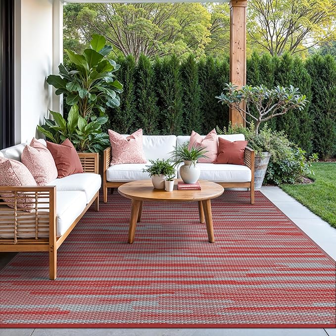 GENIMO Outdoor Rug for Patio Clearance, 6'x9' Waterproof Camping Mat, Reversible Plastic Straw Rugs for RV, Camper, Balcony, Backyard, Picnic, Deck (Red Grey)