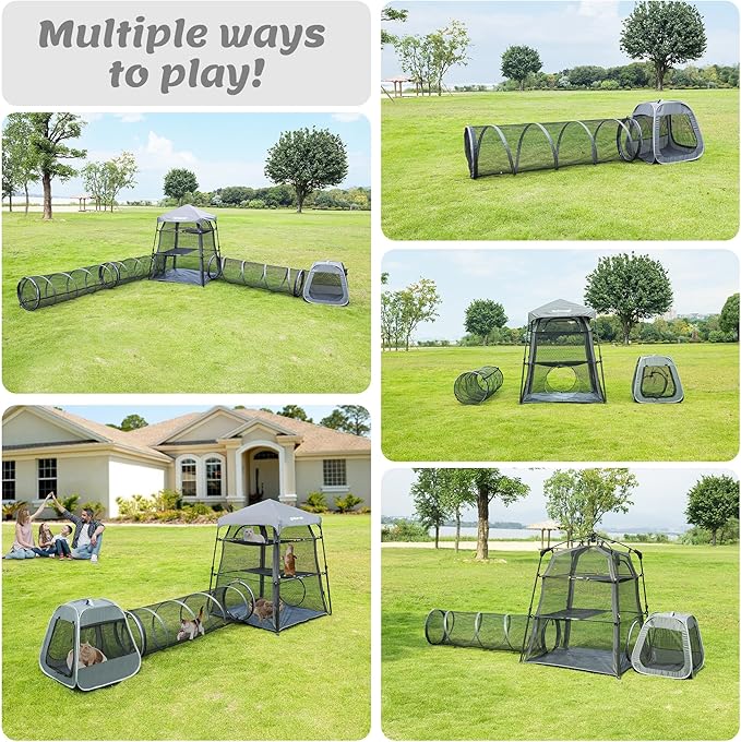 Cat Enclosure Kitten and Tower Tent for Indoor and Outdoor,3 Tier Cage Inside,Outdoor Catio,Portable and Foldable,Two Doors Design; Play Tunnel + Cube(with Three Ways)…