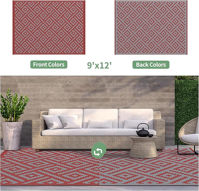 GENIMO Outdoor Rug for Patio Clearance, 9'x12' Reversible Plastic Straw Rugs, Lightweight Waterproof RV Camping Mat for Camper, Balcony, Deck, Backyard, Picnic, Red Grey