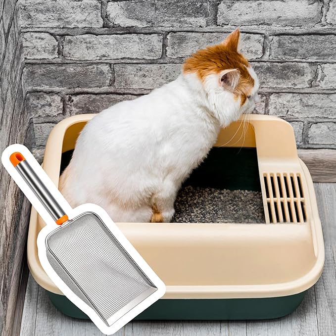 Cat Litter Scoop Stainless Steel Mesh Scooper with Long Handle, Deep Shovel Non-Stick Coated Metal for Box Kitten Pooper Lifter, Regular Scoop, Sifting Poop, Non-Slip Grip, Easy Clean, Hole: 2.8mm