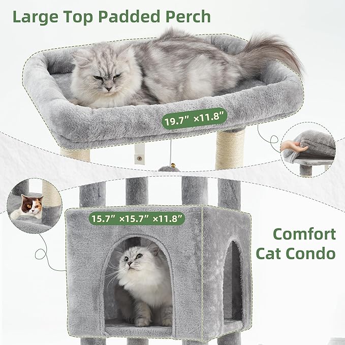 Cat Tree for Indoor Cats Large Adult, Heavy Duty Cat Tree for Large Cats 20 lbs+, Cat Condo with Big Wooden Perch, Cat Tower with 14 Scratching Posts, Hammock, Light Gray GCT023W