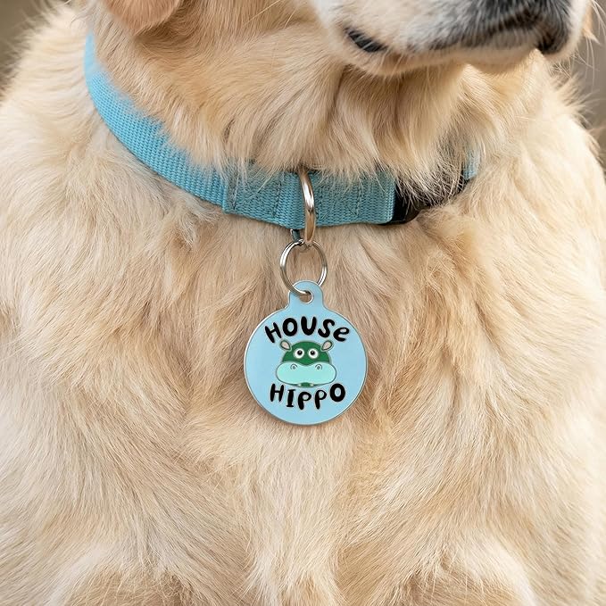 Bad Tags Personalized Dog and Cat ID Tags in 25+ Designs and 2 Sizes - 5 Lines of Custom Engraved Text - Funny Cute Personalized Pet Tags (House Hippo - Blue, Small (1 inch))
