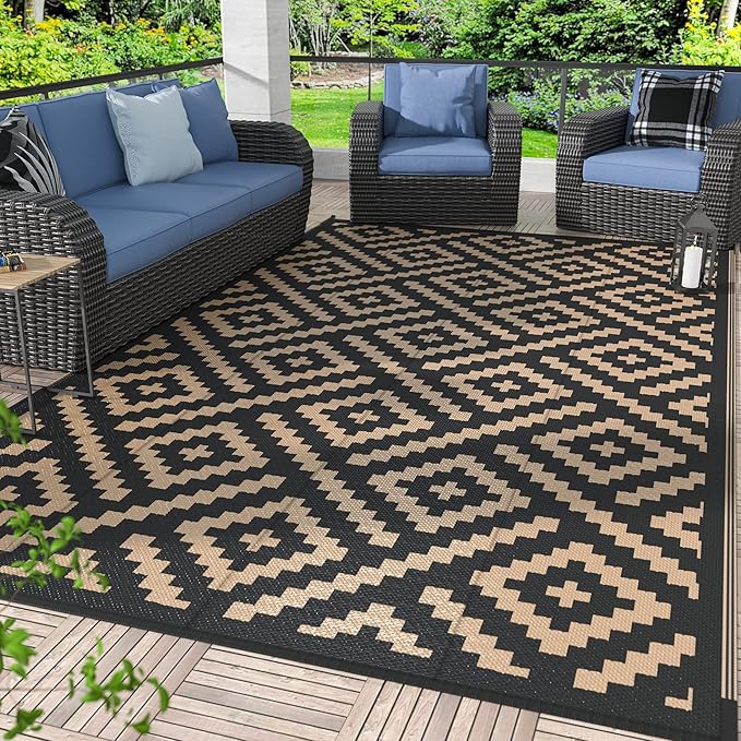 GENIMO 5x8 Outdoor Rug Waterproof, Reversible Mats, Area Rug, Plastic Outside Carpet, Geometric Rv Mat for Patio Camping Rv Picnic Backyard Deck Balcony Porch Beach Trailer (Black & Brown)