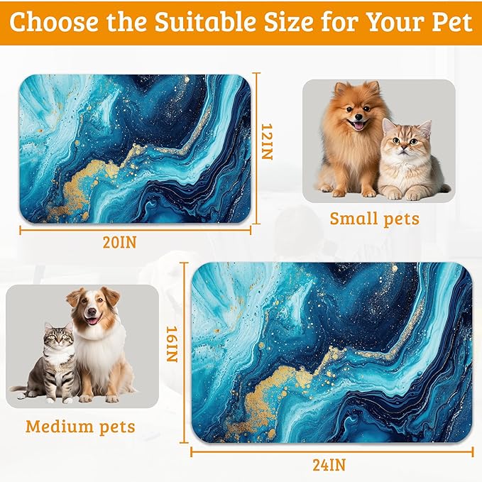 Dog Bowl Mat,Blue Gold Marble Pet Feeding Mat for Floors Waterproof,Flowing Absorbent Dogs Placemat for Food and Water Quick Dry Pet Cat Feeding Mats with Non Slip Bottom 16" x 24"