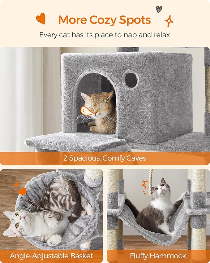 Feandrea Cat Tree, 81.1-Inch Large Cat Tower, Multi-Level Plush Condo with 13 Scratching Posts, 2 Perches, 2 Caves, Basket, Hammock, Pompoms, Light Gray UPCT190W01