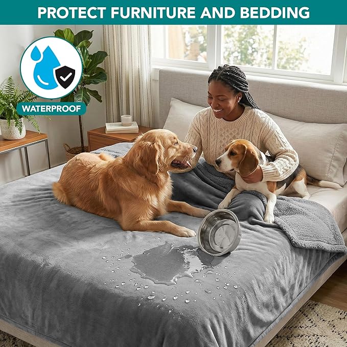 PetAmi Waterproof Dog Blanket for Queen Bed Large XL Dog Throw for Couch Cover Leakproof Furniture Protection, Sherpa Fleece, Reversible Soft Washable 90x90 Light Gray