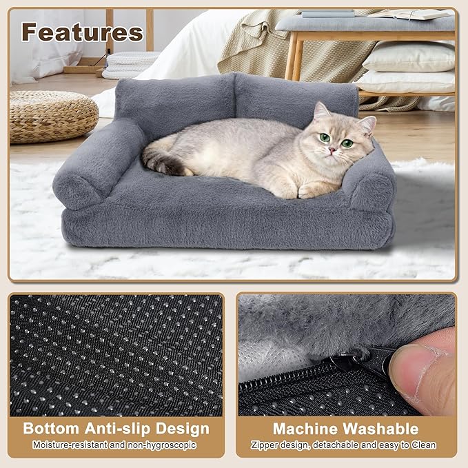 Cat Beds for Indoor Cats, Cat Couch Bed, Cute Cats Sofas for Pets, Small Dog Sofas & Chairs with Removable Washable Cover, Plush Soft Pet Furniture for 10lbs Small Dogs & Cats(Light Grey)