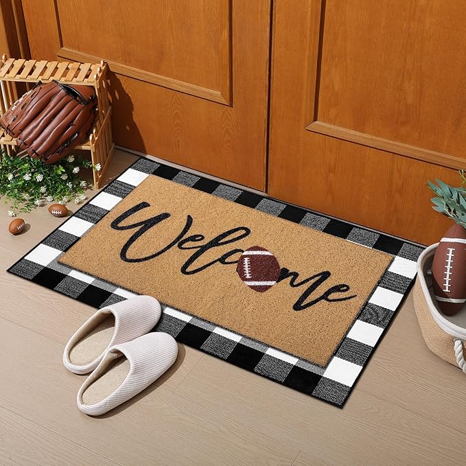 Tinideya 2 Pcs Door Mat Welcome Non Slip Coir Mats Floor Layering Doormats Seasonal for Front Porch Entryway Decor(Football)