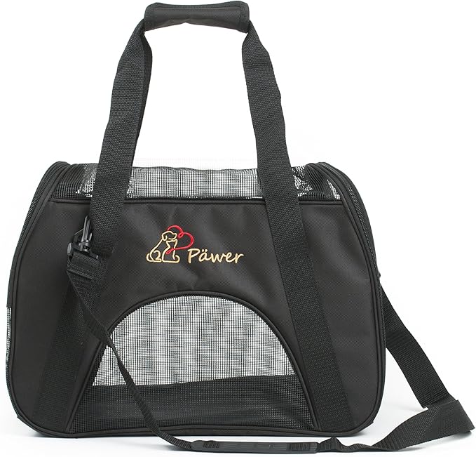 Pawer Soft-Sided Pet Carrier for Cat and Small Dog,Black Color,Medium Size,Washable 600D Oxford Cloth Airline Approved Travel Tote,with 2 Mesh Opens and a Strap for Carry,Multiple Colors Available