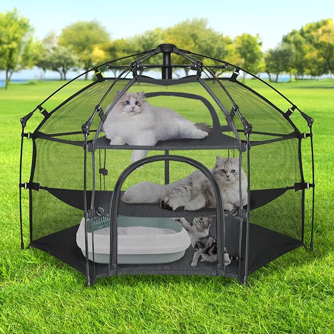 EighteenTek® Catio Outdoor Cat Enclosure 3-Tier Pop up Cat Tent Playpen | Portable Kitten Catio Tower | Pet Playpen Indoor/Outdoor Cats Enclosed | Play Tents for Patio Balcony Courtyard Camping