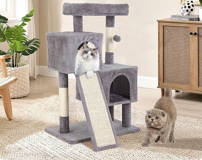 Cat Tree Tower, 36.4" Small Cat Tower for Indoor Cats with Cat Scratching Post with Bed, Cat Condo, Hang Ball, Multi-Level Cat Climbing Tower Cat Trees Cat Furniture Activity Center, Ashy
