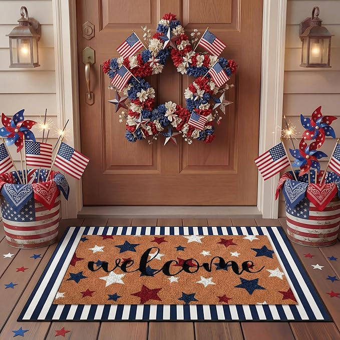 Tinideya 2 Pcs Door Mat Welcome Non Slip Coir Mats Floor Layering Doormats Seasonal for Front Porch Entryway Decor(Patriotic)