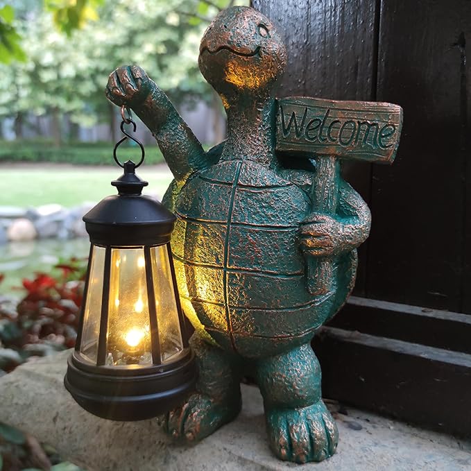 Turtle Garden Statue Outdoor Décor with Solar Lights Lantern,Turtle Solar Light Figurines Outside Decorations for Yard，Lawn ,Patio, Balcony, Unique Housewarming Gifts