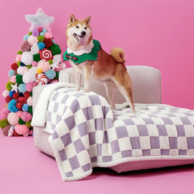 LE SURE Waterproof Dog Blanket for Large Dogs - Washable Double Sided Dog Blankets with Warm Jacquard Shag and Soft Sherpa Fleece, Pet Cat Blanket for Couch Protection, 3D Textured Checks, Purple