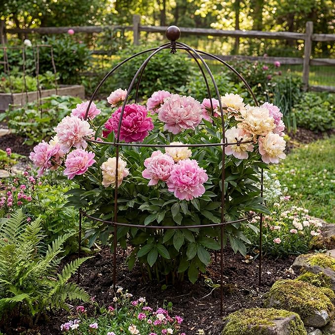 BreezeHug 3 Pack 24 H Peony Cage Climbing Plant Trellis Bird Cage Plant Support Through Flower Support for Perennial Flowers, Vintage Gold