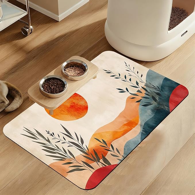 Boho Mountain Sun Pet Food Mat for Cats and Dogs–Christmas Stocking Absorbent Quick Dry Feeding Placemat, Non Slip Rubber Base, Waterproof Bowl Mat for Indoor Use, Pet Supplies 16"x24"