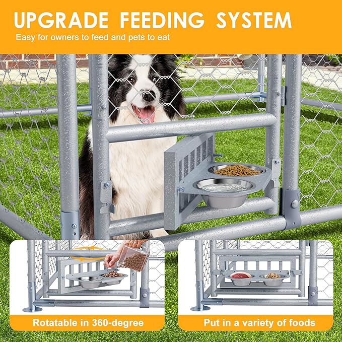 7.5×7.5×5.3 FT Outdoor Dog Kennel with Roof, Dog Enclosure w/Rotating Feeder, Large Heavy Duty Dog Run Playpen w/2 Stainless Bowls, Galvanized Pet House w/Secure Lock, Waterproof Cover (7.5FT)