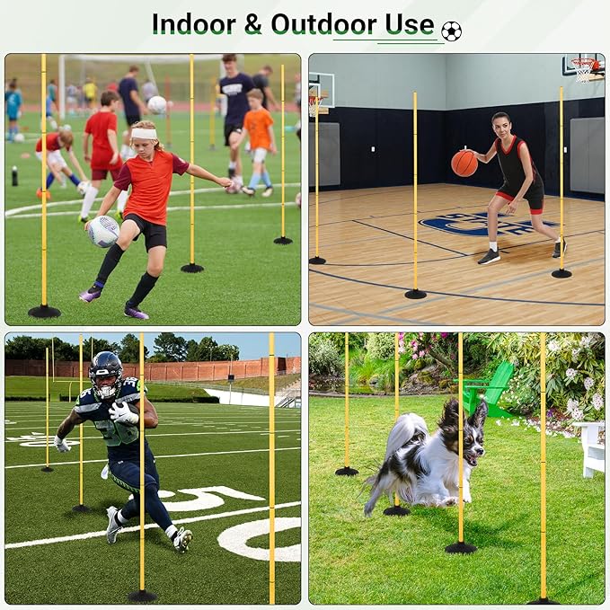 6 FT Agility Poles for Soccer, Basketball, Football, Equestrian, Pet Training, 4/6/8/10 Pack Detachable Soccer Poles w/Rubber Bases, Pole Bending Poles for Horses, Indoor/Outdoor Use