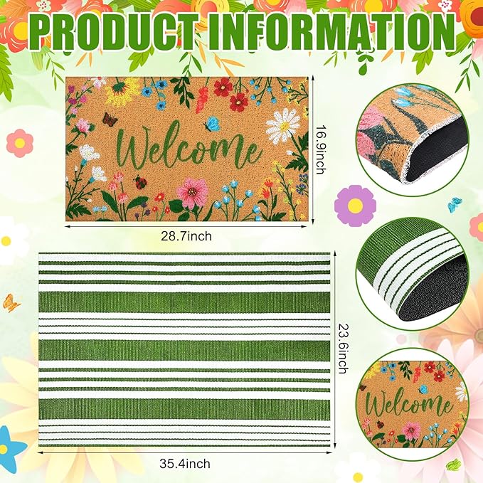 Tinideya 2 Pcs Spring Welcome Door Mat Floral Outdoor Layered Doormats for Front Door Non Slip Wildflower Coir Floor Mat Green White Stripe Rugs for Outside Front Porch Entryway Decor