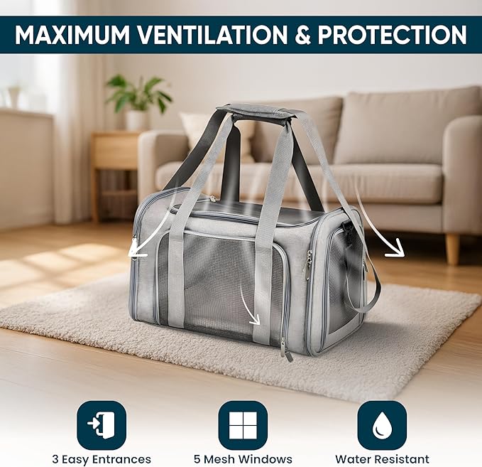 Pet Travel Carrier Bag – Airline Approved Soft-Sided Dog & Cat Carrier, Foldable, Breathable Mesh, Washable Pad – Fits Pets up to 15 lbs – The Pup Quartet (Grey)