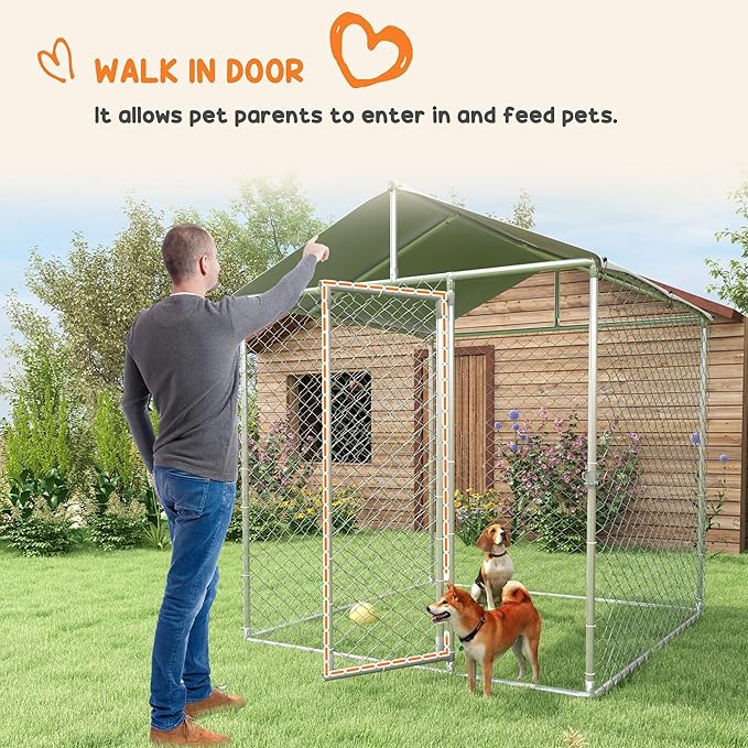 PawHut Outdoor Dog Kennel, Heavy Duty Dog Run Outdoor Fence with Waterproof Cover, Galvanized Chain Link, Secure Lock, for Large Breeds, Chickens, Ducks, 6.5' x 6.5' x 7.8'