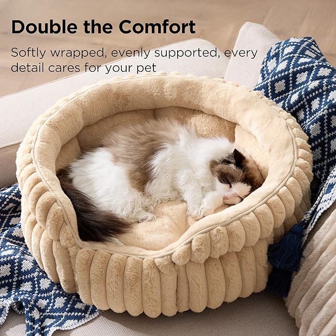 Bedsure ComfyFleece™ Cat Bed, Washable Round Cute Cat Beds for Indoor Cats, Super Soft Corduroy Pet Bed for Puppy and Kitten with Anti-Slip Bottom, 23''x23''x8.5'', Sandy Beige