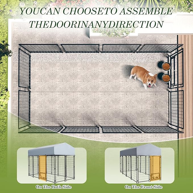Grepatio Outdoor Dog Kennel for Large Dogs, 8x4x5.7 FT Dog Enclosure with Waterproof, Heavy Duty Welded Wire Steel Dog Playpen Fence with 2 Rotating Dogs Bowls, Outside Dogs Cage Run with Secure Lock