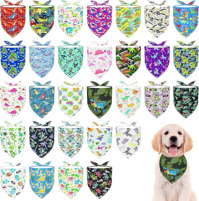30 Pcs Dinosaurs Dog Bandanas for Small Dogs Medium Stitch Dog Bandana Bulk Reversible Print One Side Large Polyester Scarves Party Grooming M