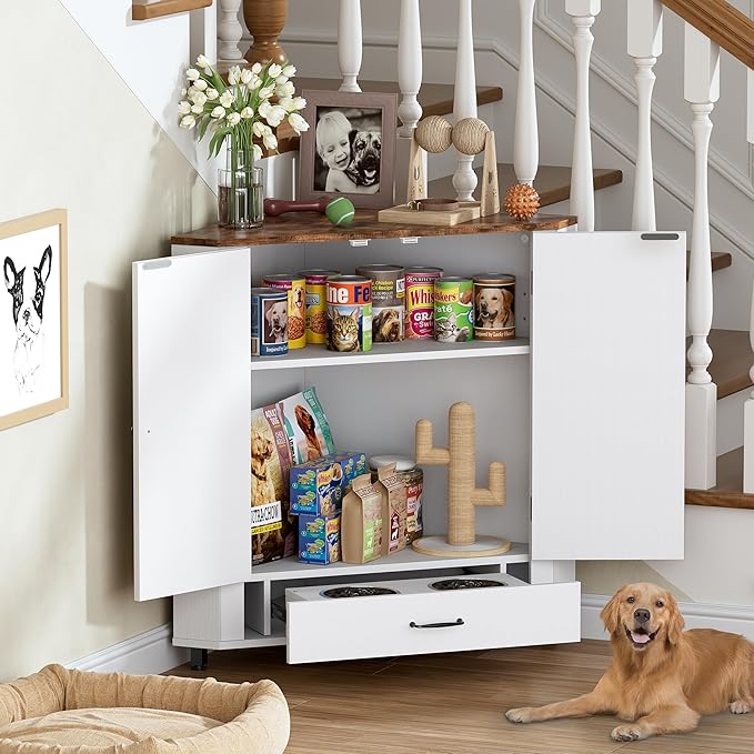 PakaLife Farmhouse Dog Food Storage Corner Cabinet, Dog Feeding Station with 2 Hidden Bowls, Adjustable Panel, 4 Hooks, Pet Feeding Station Corner Cabinet for Medium, Small Sized Dogs