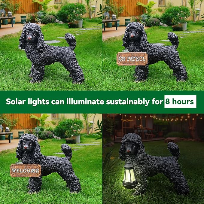 Poodle Statue Outdoor Decorations – Outdoor Dog Statue Standing Black Poodle with Removable Solar Light & Welcome Sign for Garden Décor