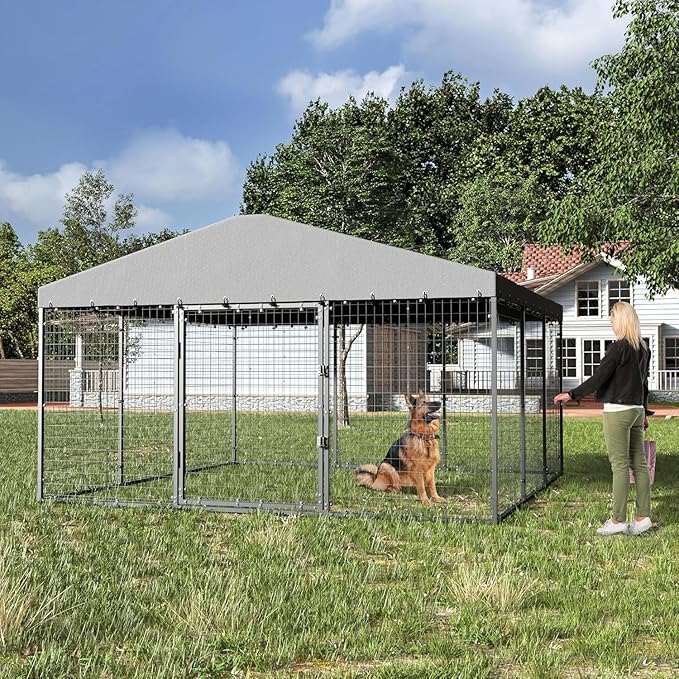Kullavik 10x10x6 FT Large Outdoor Dog Kennel,Anti-Rust Galvanized Steel Dog Pen with Double Locks,Heavy Duty Dog Enclosure Fence with UV & Water Resistant Roof Cover for Outside