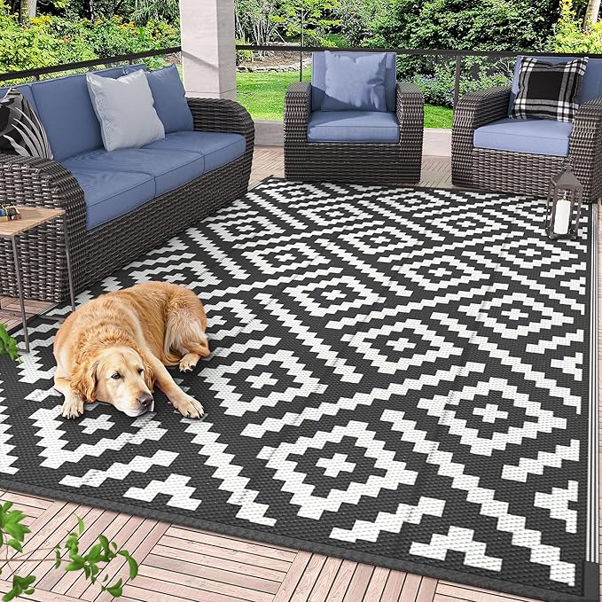 GENIMO Outdoor Rugs 8x10 Waterproof, Reversible Mats, Area Plastic Straw Rug, Outside Carpet, Geometric Rv Mat for Patio Camping Picnic Backyard Deck Balcony Porch Beach Trailer (Black & White)