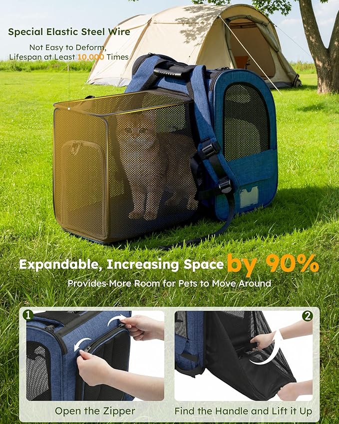 Pecute Cat Backpack Carrier Expandable, Pet Backpack for Cats & Small Dogs Up to 11lbs, with 4-Side Breathable Mesh, Multi-Entry & Lockable Zippers for Travel, Hiking, Camping - Hands Free, Blue