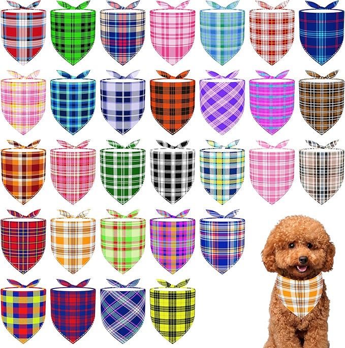 30 Pcs Plaid Dog Bandanas for Small Dogs Stitch Dog Bandana Bulk Reversible Print One Side Polyester Puppy Scarves Party Grooming S