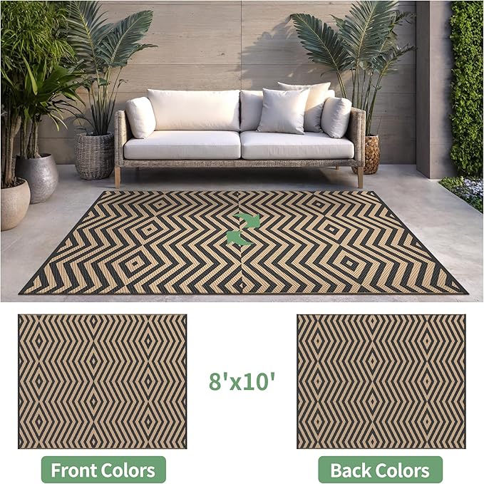 GENIMO Outdoor Rug for Patio Clearance, 8'x10' Reversible Plastic Straw Rugs, Lightweight Waterproof Modern RV Camping Mat for Camper, Balcony, Deck, Backyard, Picnic, Black Brown