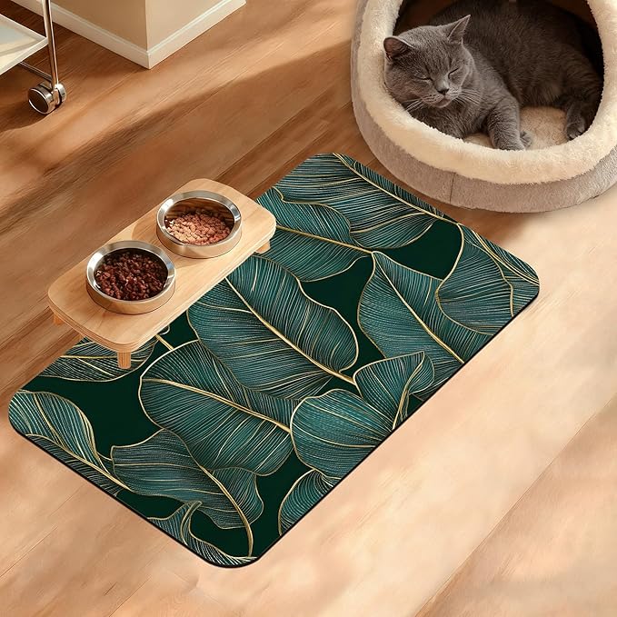 Tropical Palm Feeding Mat,Green Leaves Absorbent Quick-Dry Cat Dog Food and Water Bowl Mats,Non-Slip Rubber Backing Mat,Cat Dog Accessories Supplies 12" x 20"