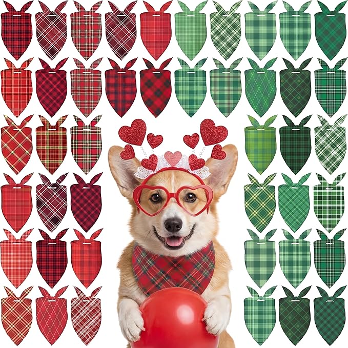 Abbylike 50 Pcs St. Patrick's Day Dog Bandanas Bulk Green Plaid Bandanas for Dogs Triangle Kerchief Bib Scarf for Pet Irish Holiday Costume Photo Props Accessories (25.6 x 17.7 x 17.7)
