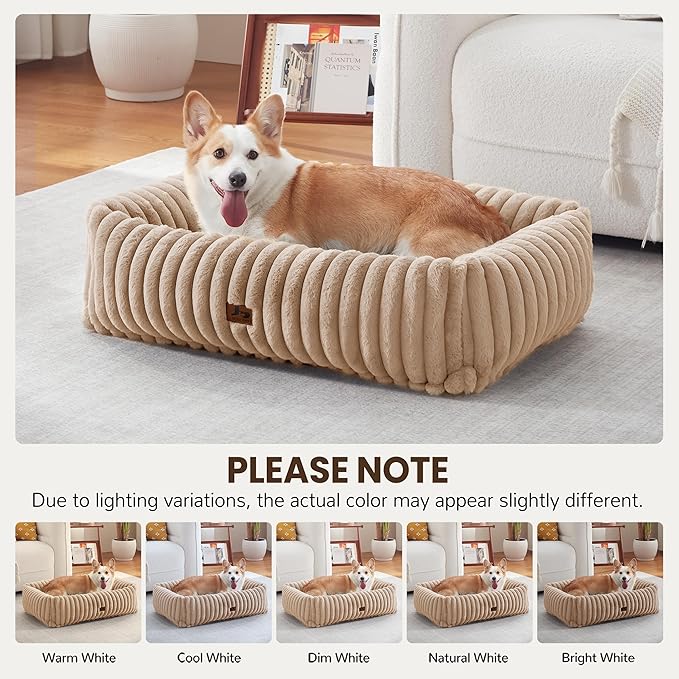 Washable Dog Bed for Small Medium Dogs - Rectangle Orthopedic Corduroy Fleece Pet Bed with Removable Cover and Nonskid Bottom, Calming Puppy Bed Soft Pet Sofa, Camel(30x24x8inchs)