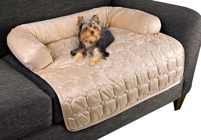 Couch Cover for Dogs – 30x30.5 Pet Furniture Protector with Memory Foam Bolster, Quilted Fabric, Non-Slip Water-Resistant Base by PETMAKER (Beige)