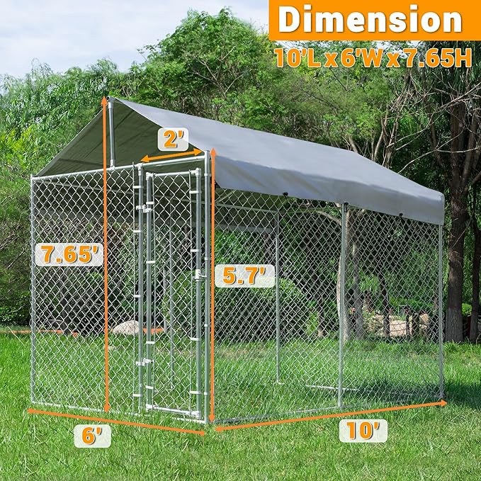Outdoor Dog Kennel Large with Roof, Dog Run Enclosure, Large Outside Heavy Duty Dog Pens House Pet Playpen with Galvanized Chain Link Waterproof Cover (10'Lx6'Wx7.65'H)