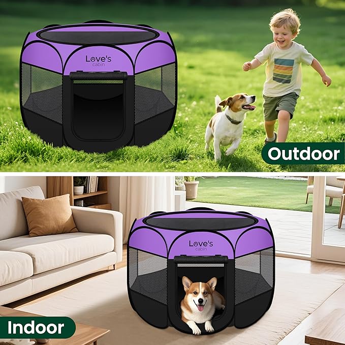 Love's cabin Pet Puppy Dog Playpen, Small Dog Tent Crates Cage Indoor/Outdoor, Portable Playpen for Cat, Foldable Pop Up Dog Kennel Playpen with Carring Case, Removable Zipper Top, Purple