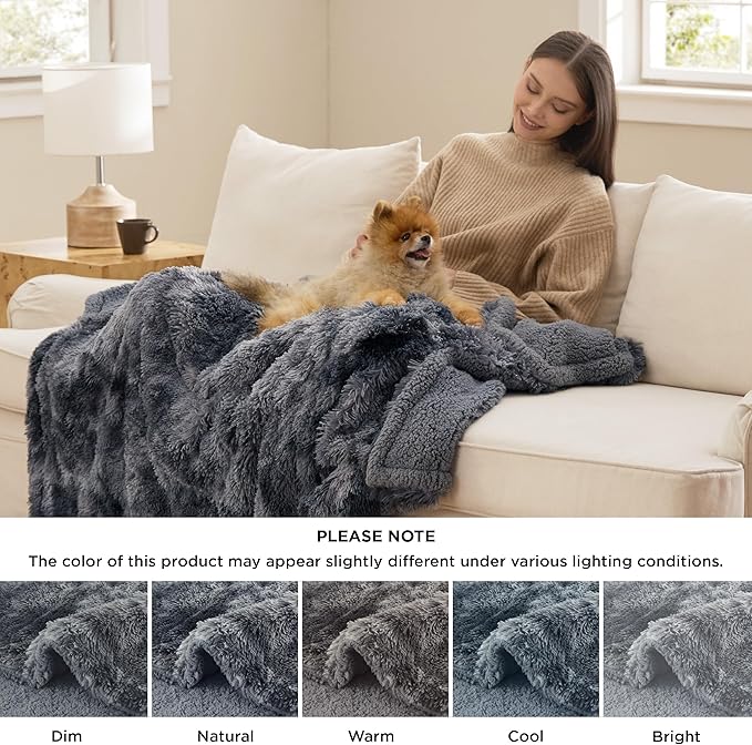 Bedsure Waterproof Dog Blankets for Medium Dogs Washable - Cat Blanket for Couch Protector Long Faux Fur, Calming Soft Reversible Throw Furniture Protection for Puppy Pet, 30"x40", Tie-dye Grey